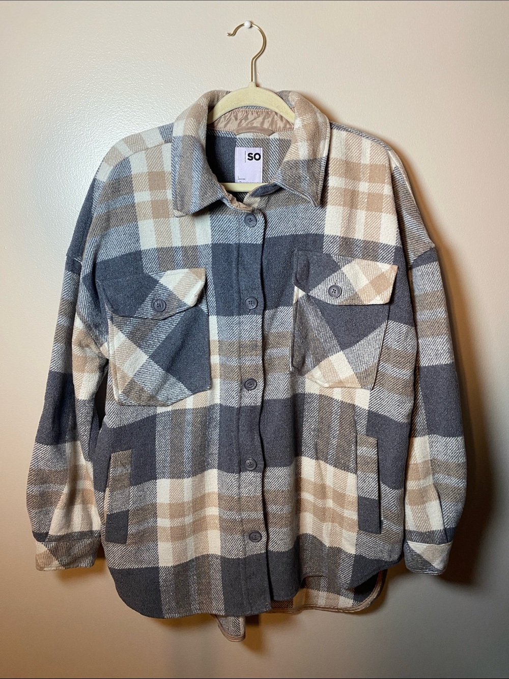 SO Plaid Utility Shacket in Gray and Cream Oversized Cozy Flannel Large